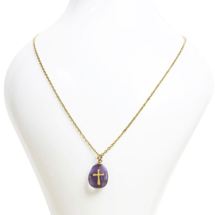 Collana con catena a croce e Ametista - Acciaio inox