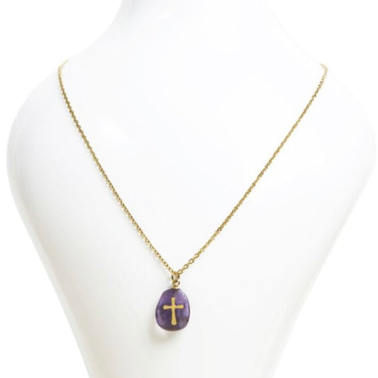 Collana con catena a croce e Ametista - Acciaio inox