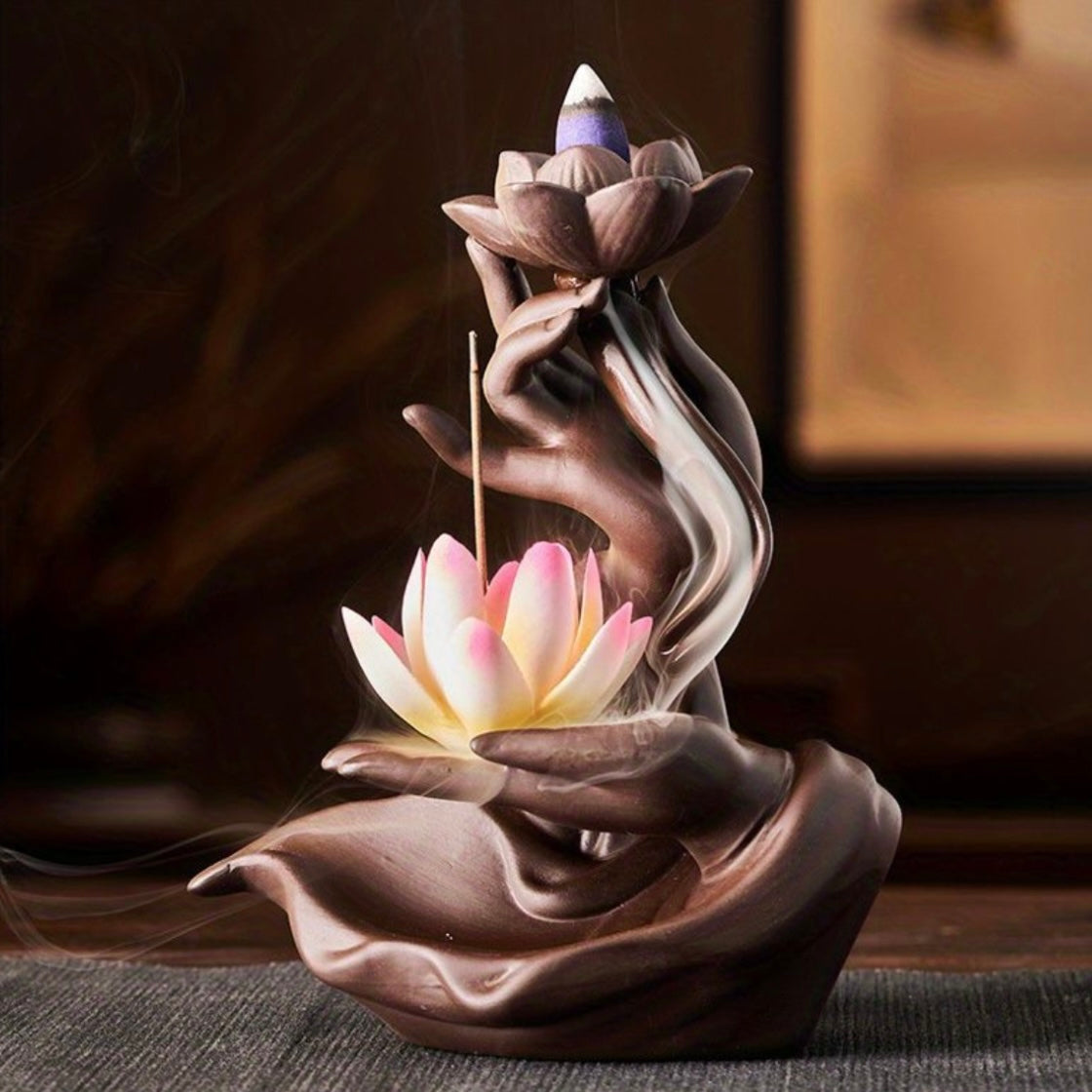 Bruciaincenso a cascata Mano con Loto in ceramica per Incenso in coni - Portaincenso a fontana 18cm - clorophilla-shop