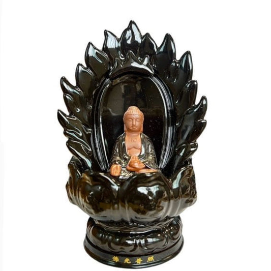 Bruciaincenso a cascata Buddha con Loto in ceramica per Incenso in coni - Portaincenso a fontana 22cm
