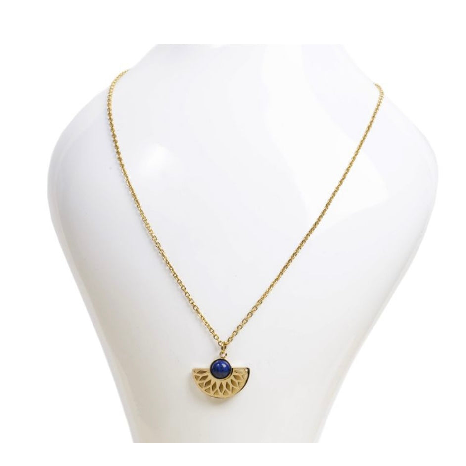 Collana in acciaio inox con pendente design azteco in pietra - Lapislazzuli