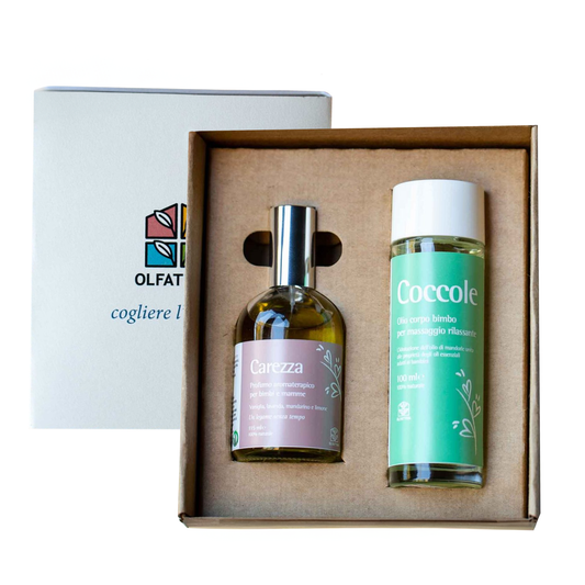 Olfattiva Cofanetto Carezza Profumo e olio corpo a base di puri oli essenziali - Linea Bimbo e mamma