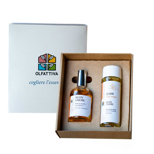 Olfattiva Cofanetto Buonumore Profumo e olio corpo a base di puri oli essenziali - Arancio, Cannella e Mandarino