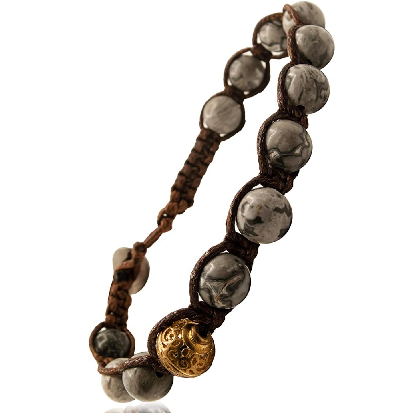 Samsara Bracciale Tibetano Buddista - Shamballa con Pietra in Agata Fossile - Filo in Cotone Cerato Marrone - SamsaraFragrances