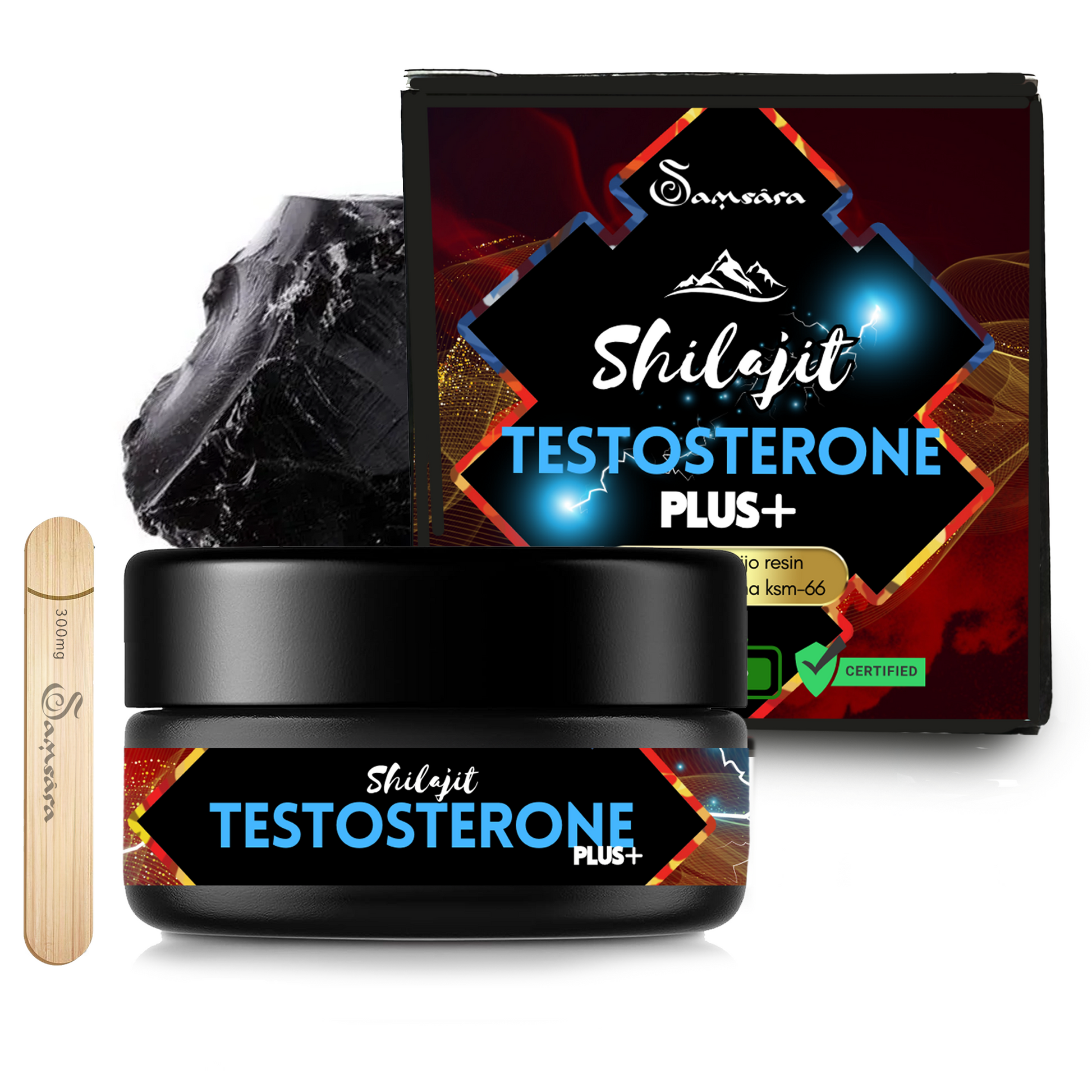 Samsara Shilajit TESTOSTERONE PLUS | Ashwagandha ksm-66 | Estratto di Tribulus Terrestris | Erbe medicinali - Più Vigore ed Energia, 30% in Più Testosterone, NO Amaro. (50g) - SamsaraFragrances