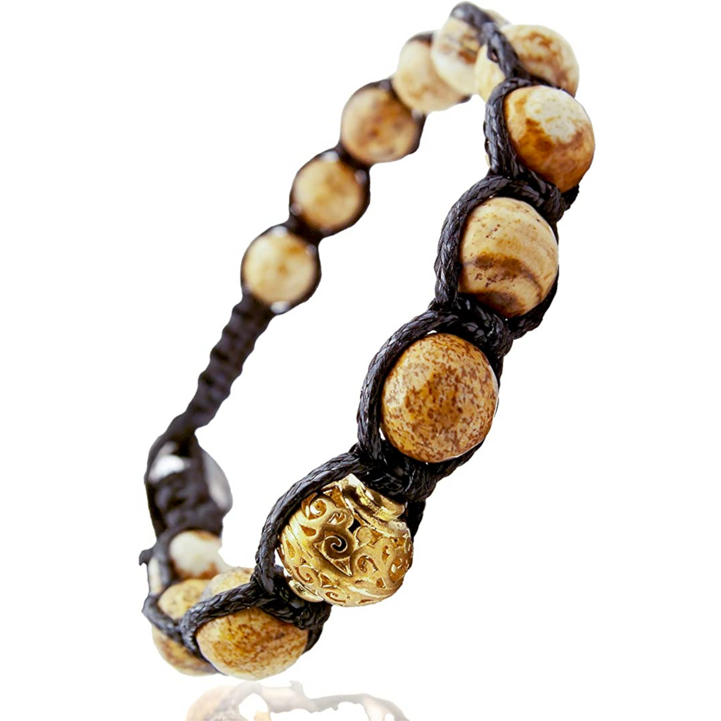 Samsara Bracciale Tibetano Buddista - Shamballa con Diaspro Paesina - Filo in Cotone Cerato Nero - SamsaraFragrances