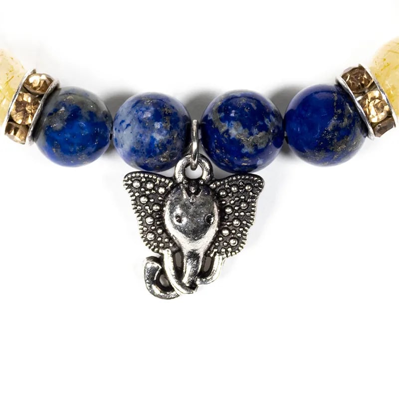 Bracciale elastico in Lapislazzuli e Quarzo Rutilato con ciondolo Ganesh - clorophilla-shop