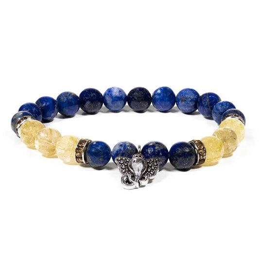 Bracciale elastico in Lapislazzuli e Quarzo Rutilato con ciondolo Ganesh - clorophilla-shop