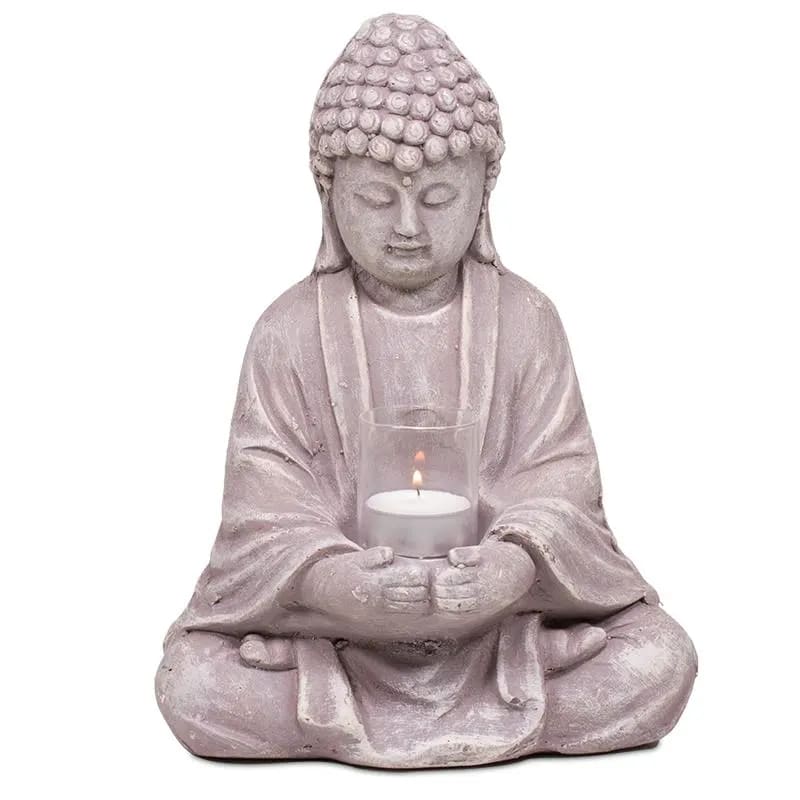 Statua di Buddha in vetro cemento portalumino - bicchiere di vetro incluso - 20cm