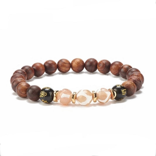 Mala bracciale in legno naturale con Agata, Ossidiana ed Ematite sintetica - elastico