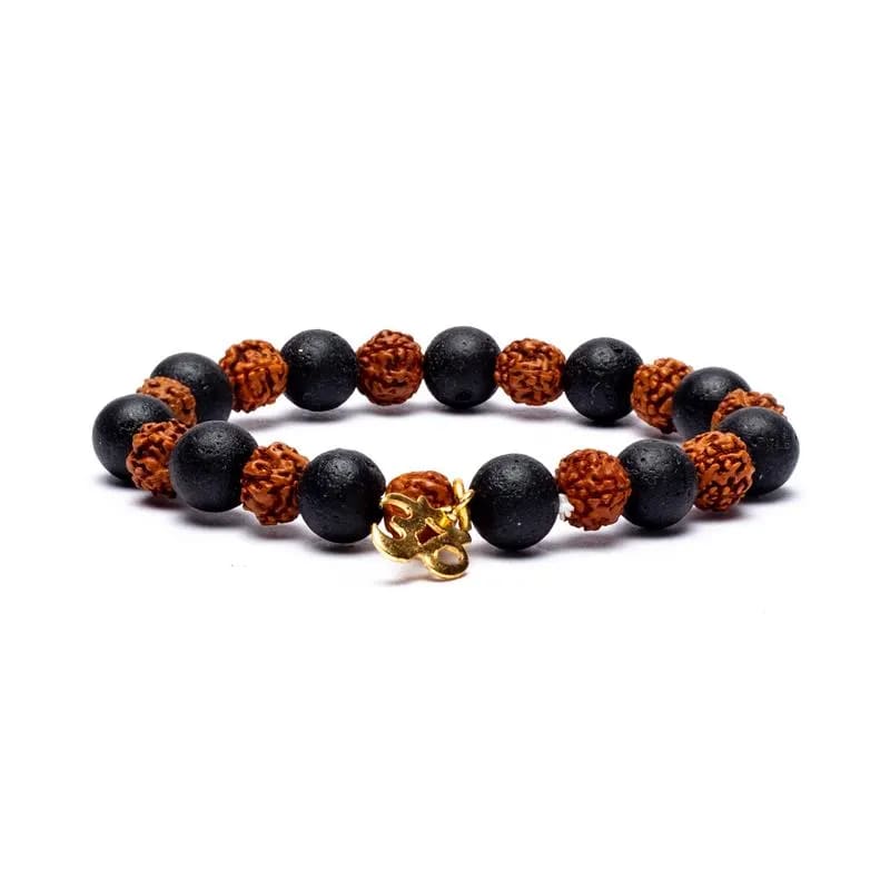 Bracciale elastico in Semi di Rudraksha e Pietra Lavica con Simbolo Om - clorophilla-shop