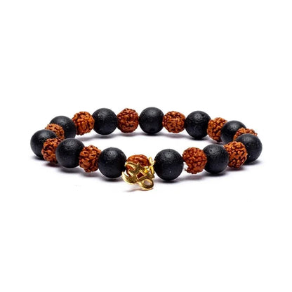 Bracciale elastico in Semi di Rudraksha e Pietra Lavica con Simbolo Om - clorophilla-shop