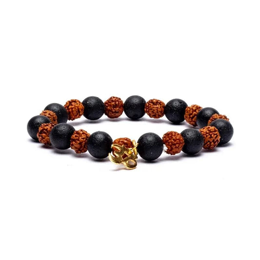 Bracciale elastico in Semi di Rudraksha e Pietra Lavica con Simbolo Om - clorophilla-shop