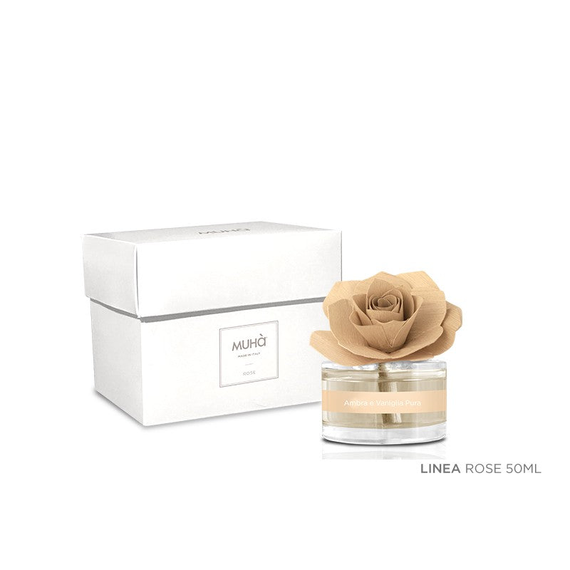 MUHÀ Rose Diffuser Vaniglia e Ambra pura - Profumatore d'ambiente con rosa - Vari formati