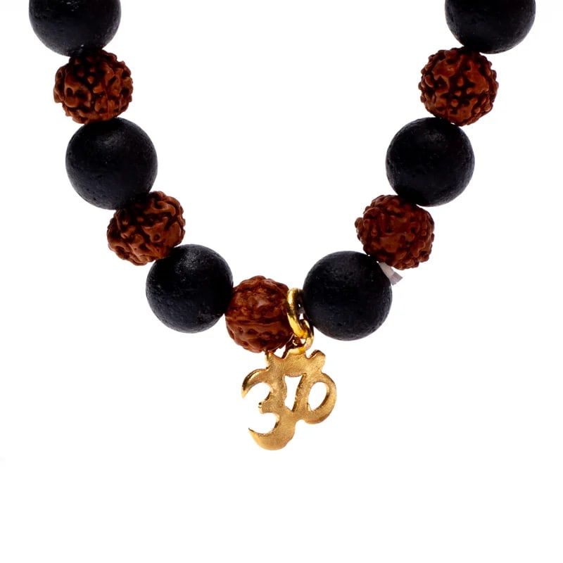 Bracciale elastico in Semi di Rudraksha e Pietra Lavica con Simbolo Om - clorophilla-shop