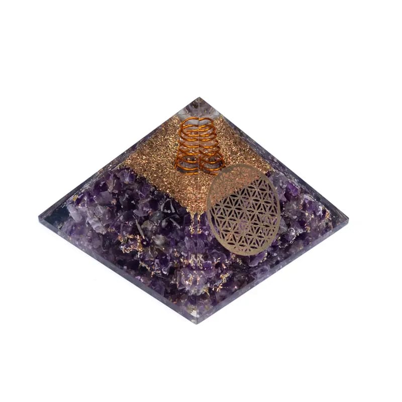 Piramide Fiore della Vita in Orgonite con Ametista - Cristalloterapia