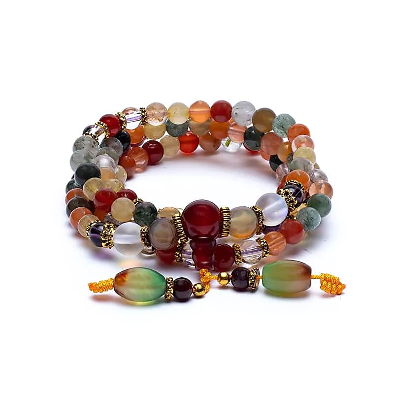 Mala Tibetana in Agata con Cristallo di Rocca e Ametista - Collana Rosario 108 grani filo elastico