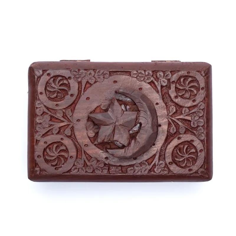 Scatola per Tarocchi in legno Stella e Luna - Intagliata a mano