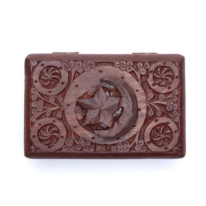 Scatola per Tarocchi in legno Stella e Luna - Intagliata a mano