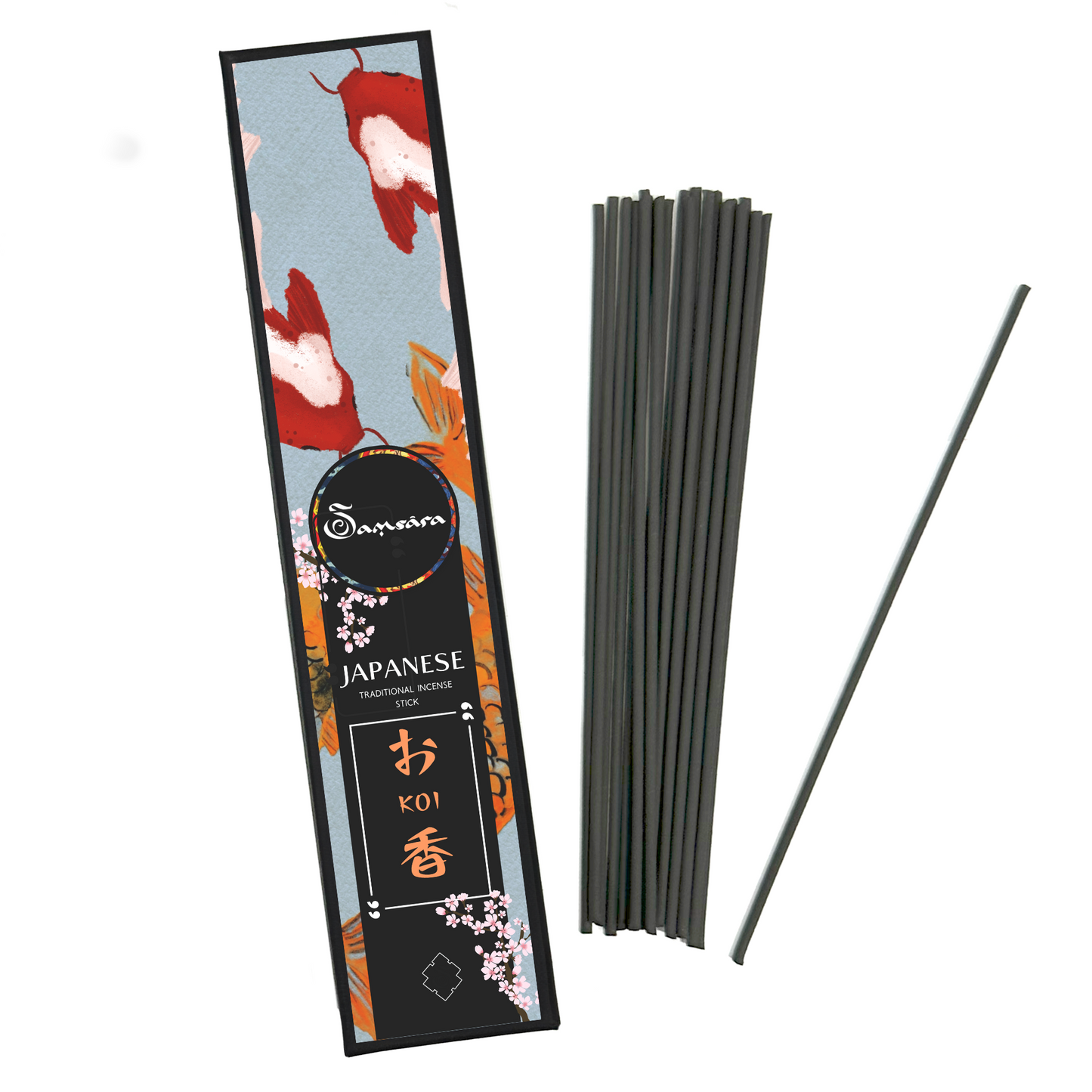 Samsara Incenso Giapponese in Stick senza anima in Legno - Solo Incenso Puro Arrotolato a mano, Aroma delicato e Persistente - 20 bastoncini (Koi) - SamsaraFragrances