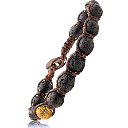 Samsara Bracciale Tibetano Buddista - Shamballa con Pietra in Lava Nera - Filo in Cotone Cerato Marrone - SamsaraFragrances