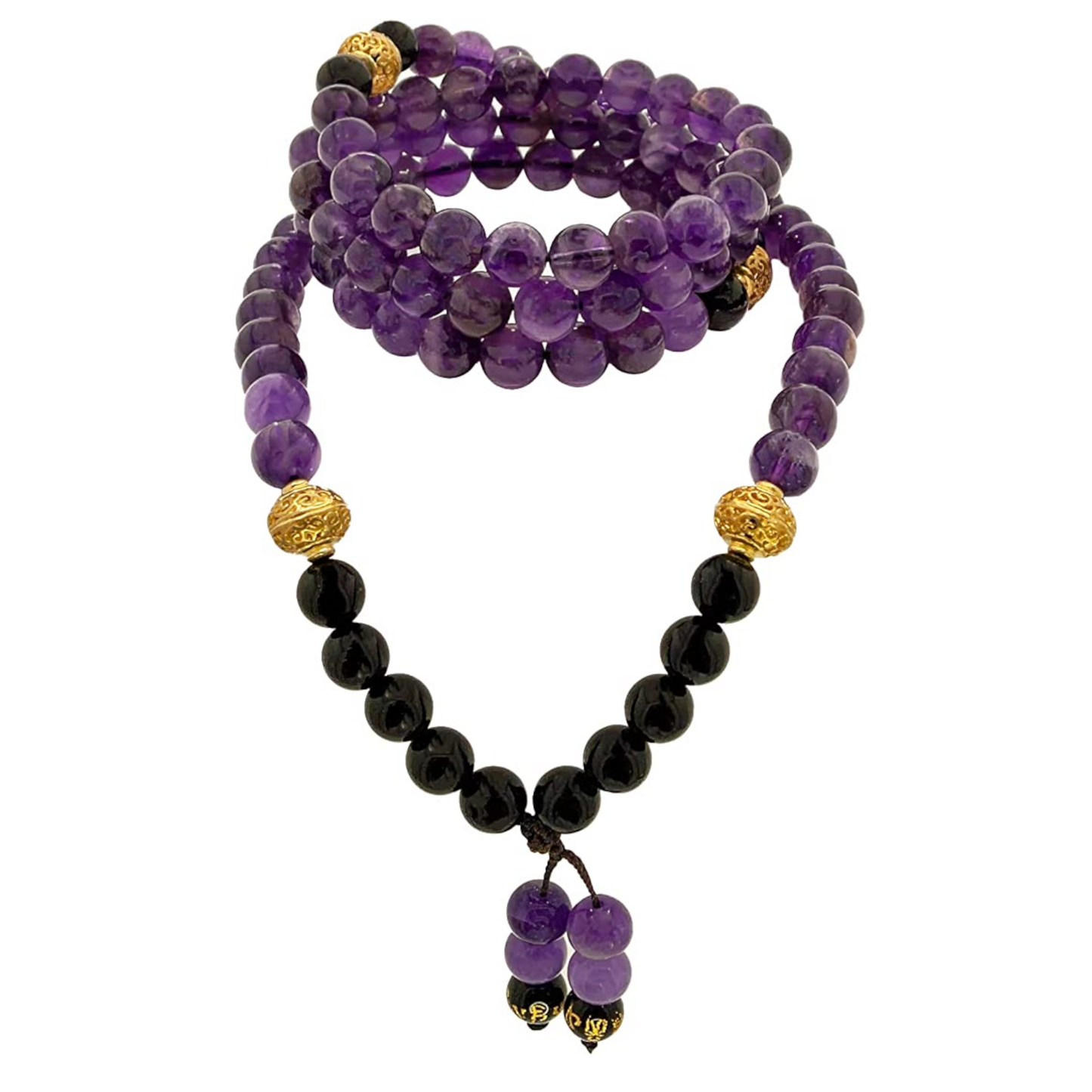 Samsara Collana Tibetana con Ametista e Onice Nero - Mala Tibetano con 108 Grani - SamsaraFragrances