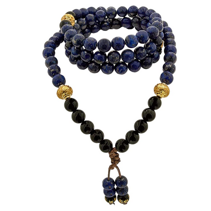 Samsara Collana Tibetana con Lapislazzuli e Onice Nero - Mala Tibetano con 108 Grani - SamsaraFragrances