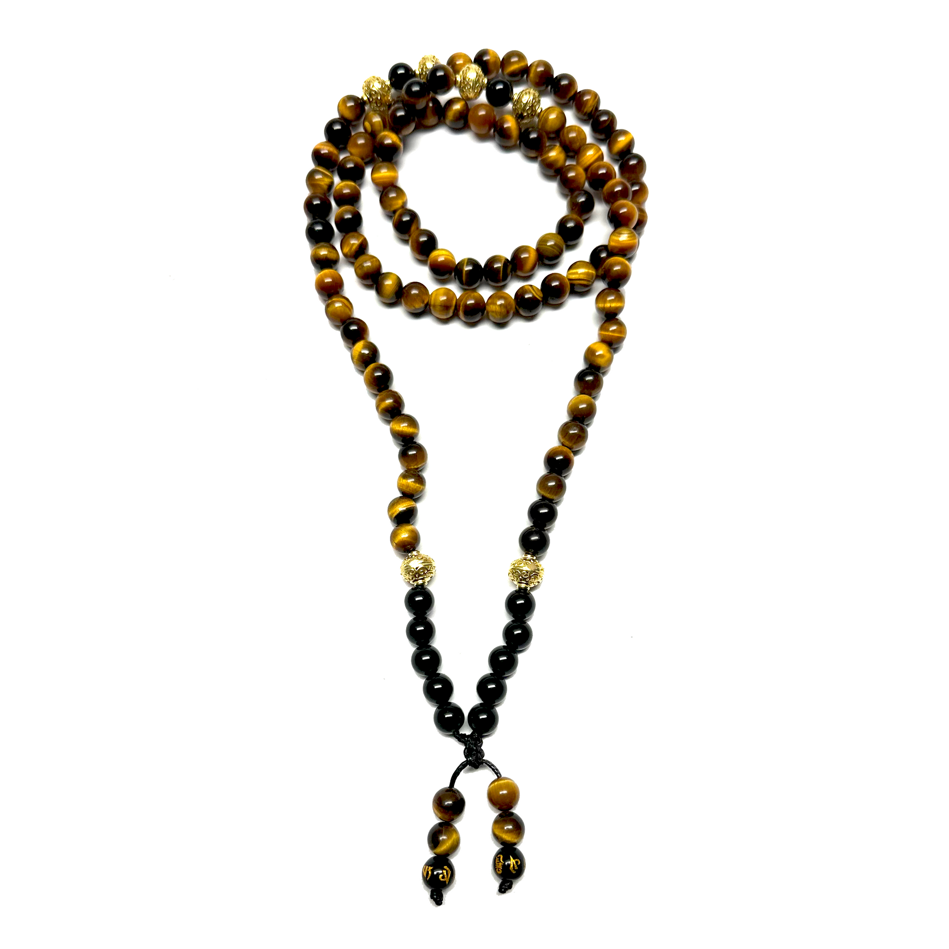 Samsara Collana Tibetana con Occhio di Tigre e Onice Nero - Mala Tibetano con 108 Grani - SamsaraFragrances