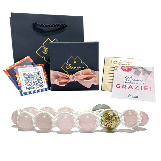 Bracciale Festa della Mamma in Quarzo Rosa Naturale - Regolabile - Confezione regalo e Cartoline Incluse
