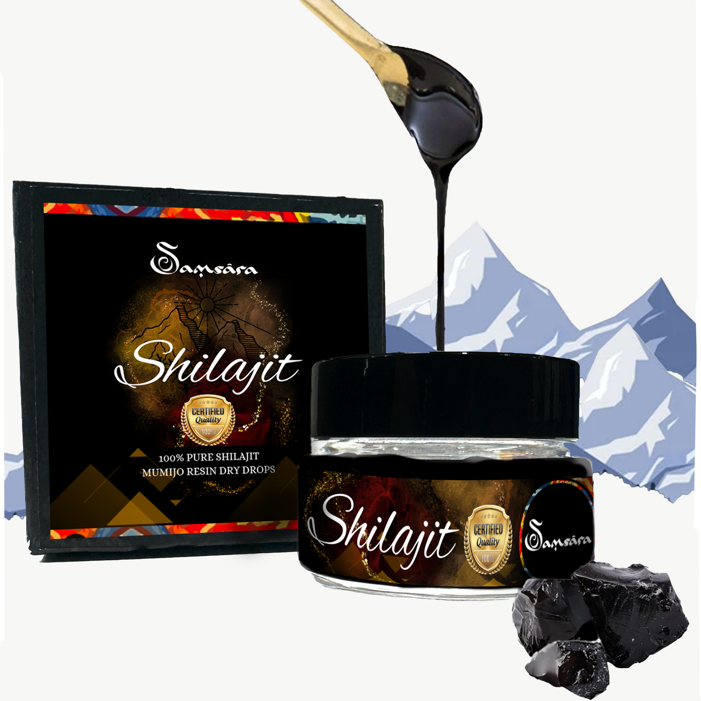 Shilajit Resina Mumijo Puro 100% - Montagne Altai | Certificati Internazionali | 65+ Acido Fulvico, 85 Minerali, Energia Fisica e Benessere - Dosatore, E-guida e Bugiardino (25g) - SamsaraFragrances