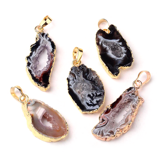 Ciondolo Fetta Geode di Agata con foglia oro - Coraggio e creatività